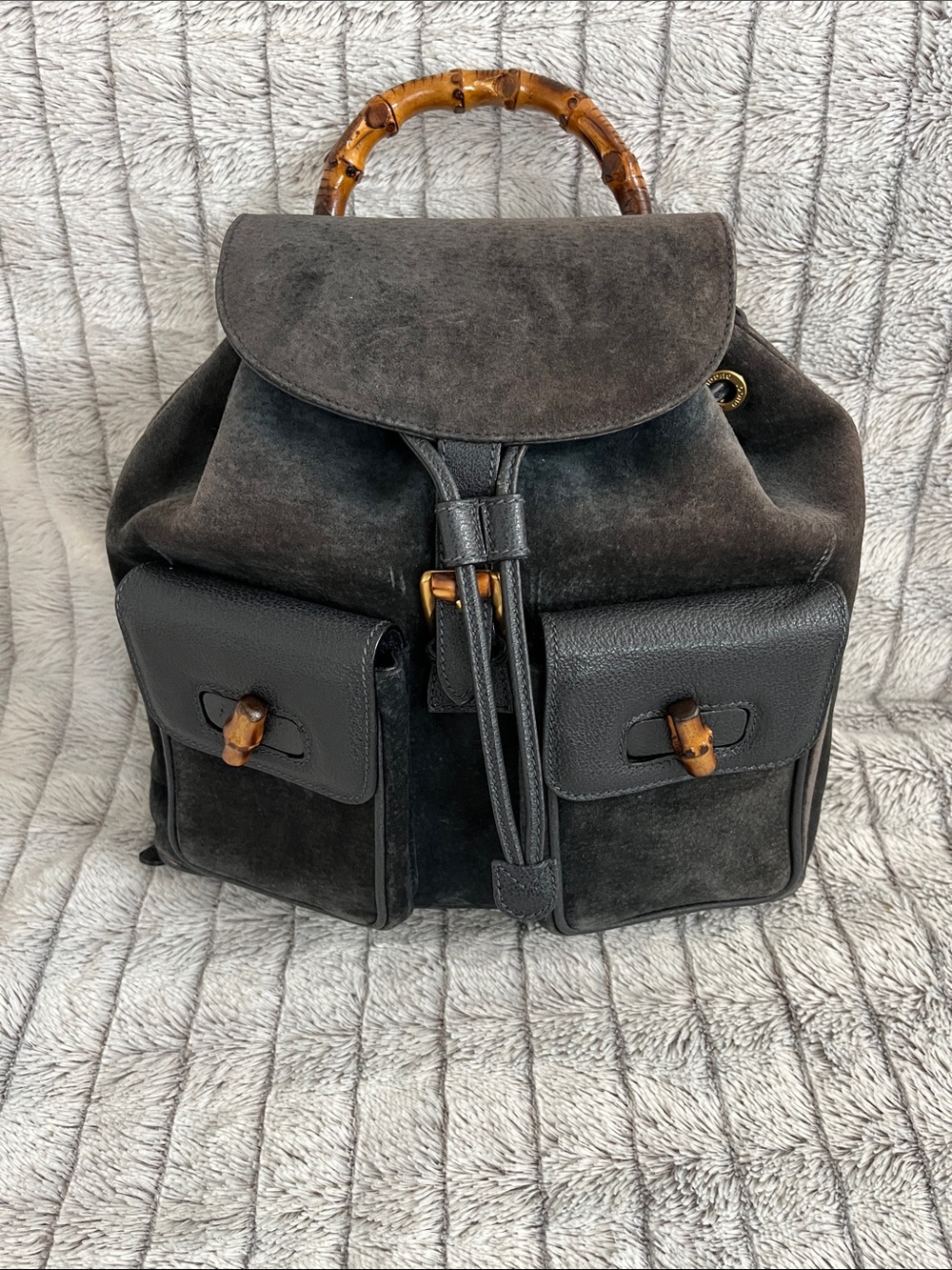 Gucci Charcoal Color Tom Ford Era Bamboo-Handle Leather and Suede Backpack - Picture 1 of 2